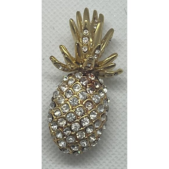 GOLD Tone Brooch Pineapple With Clear Rhinestones - Picture 3 of 9